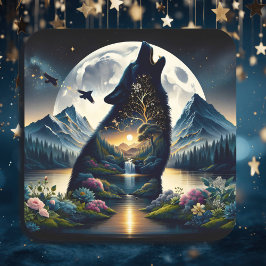 Mystieke Wolf Howling bij Moon Surreal Air Art Vierkante Sticker