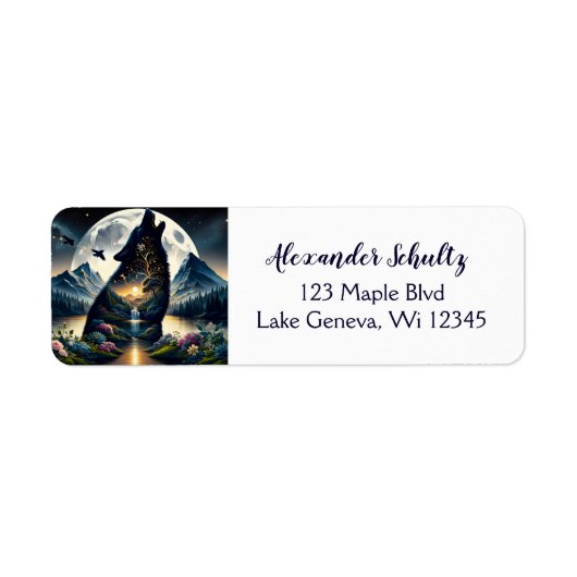 Mystieke Wolf Howling bij Moon Surreal Gepersonali Etiket (Voorkant)