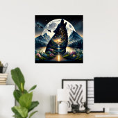 Mystieke Wolf Howling bij Moon Surreal Gepersonali Poster (Thuiskantoor)