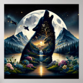 Mystieke Wolf Howling bij Moon Surreal Gepersonali Poster (Voorkant)