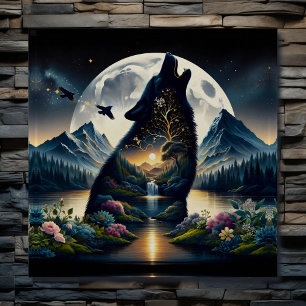 Mystieke Wolf Howling bij Moon Surreal Gepersonali Poster