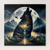 Mystieke Wolf Howling op de Maan Surreal Air Art Legpuzzel (Verticaal)