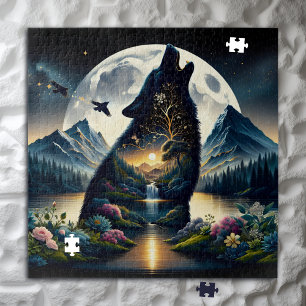 Mystieke Wolf Howling op de Maan Surreal Air Art Legpuzzel