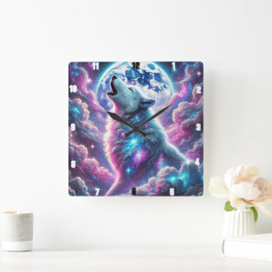 Mystieke wolf huilt onder levendige kosmische maan vierkante klok