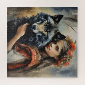 Mystieke Wolf & Slavische meisje fantasie Legpuzzel (Horizontaal)