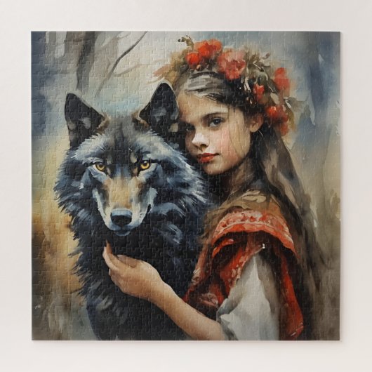 Mystieke Wolf & Slavische meisje fantasie Legpuzzel (Verticaal)