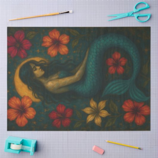 Mystieke Zeemeermin met Hibiscus Bloemen Decoupage Tissuepapier (Craft)