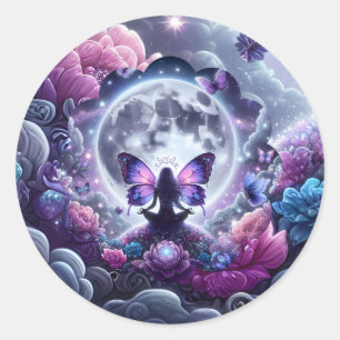 Mystieke Zen Vlinder Fee Volle Maan Fantasie Kunst Ronde Sticker