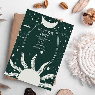 Mystieke Zilveren en Groene Zon Maan Bruiloft Save The Date
