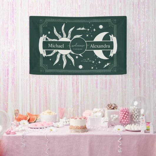 Mystieke Zilveren en Groene Zon Maan Bruiloft Spandoek (Feest)