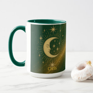 Mystieke Zon Aangepaste Naam Groen & Goud Cadeau Mok