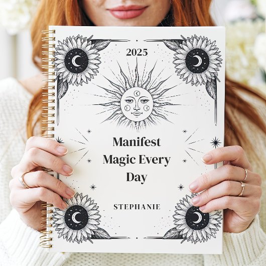 Mystieke zon en maan aangepaste naam manifestatie planner
