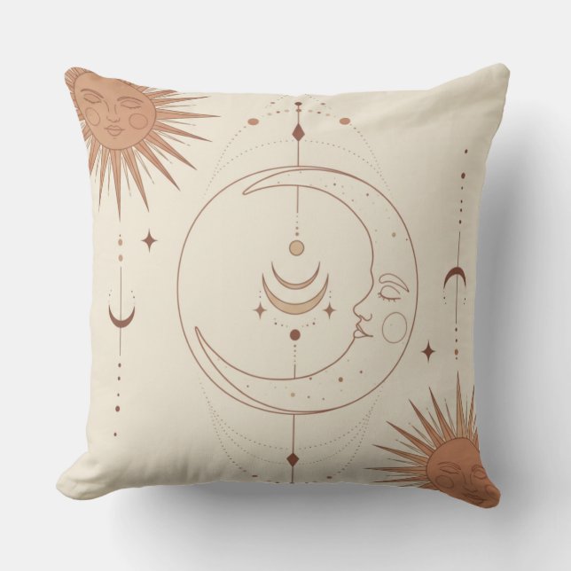 Mystieke Zon en Maan Celestiale Boho Worp Kussen (Voorkant)