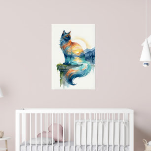Mystieke Zonsondergang Kat Dubbele Belichting Wate Poster