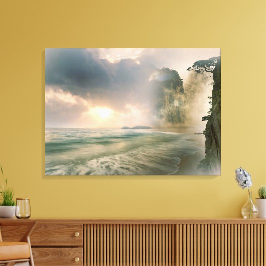 Mystieke Zonsondergang op Strand Ocean Cliff Scene Canvas Afdruk (Insitu (Woonkamer))