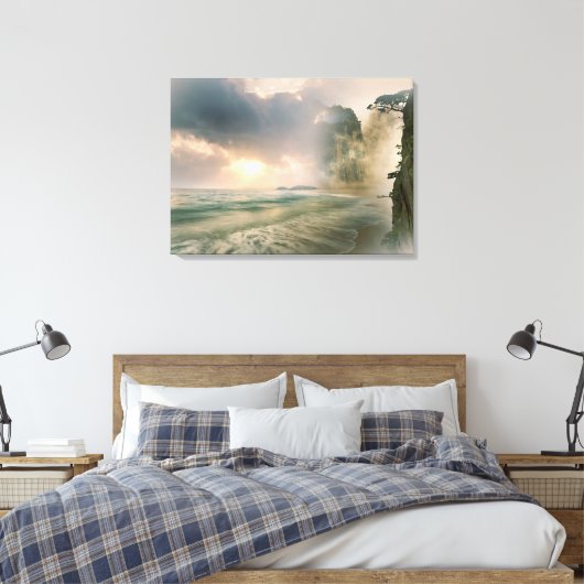 Mystieke Zonsondergang op Strand Ocean Cliff Scene Canvas Afdruk (Insitu (Slaapkamer))