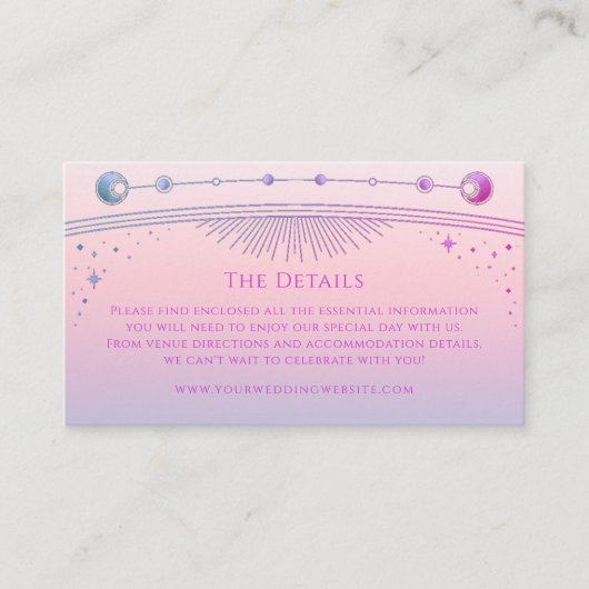 Mystieke Zonsondergang Roze Bruiloft Details Zon M Informatiekaartje (Voorkant)