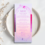 Mystieke Zonsondergang Roze Zon Maan Astronomie Br Menu<br><div class="desc">Mystical Sunset Pink Sun Moon Stars Astronomy Celestial Galaxy Cosmic Wedding Cards beschikt over een roze en paarse zon, maan en sterren lijst op een pastel strand zonsondergang achtergrond met uw menu details in het centrum in het moderne paarse kalligrafie script. Personaliseer door de tekst in de tekstvakken te bewerken....</div>