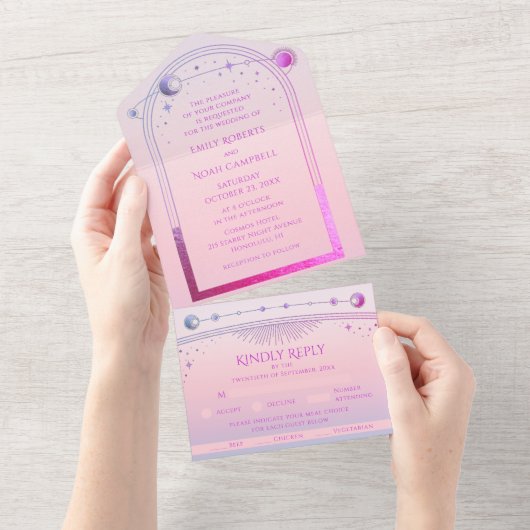 Mystieke Zonsondergang Roze Zon Maan Ster Astronom All In One Uitnodiging (Afscheurbaar)