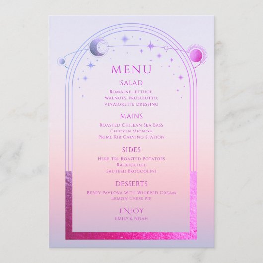 Mystieke Zonsondergang Roze Zon Maan Sterren Bruil Menu (Voorkant)