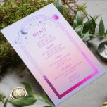 Mystieke Zonsondergang Roze Zon Maan Sterren Bruil Menu<br><div class="desc">Mystical Sunset Pink Sun Moon Stars Astronomy Galaxy Celestial Cosmic Space Wedding Menu Kaarten beschikt over een roze en paarse zon, maan en sterren lijst op een pastel strand zonsondergang achtergrond met uw menu details in het centrum in het moderne paarse kalligrafie script. Personaliseer door de tekst in de tekstvakken...</div>