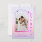 Mystieke Zonsondergang Roze Zon Maan Sterren Bruil Save The Date (Voorkant)