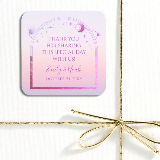 Mystieke Zonsondergang Roze Zon Maan Sterren Bruil Vierkante Sticker