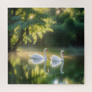 Mystieke zwanen gracieus glijden op zomervijver legpuzzel