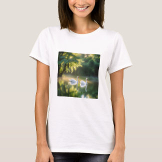 Mystieke zwanen gracieus glijden op zomervijver t-shirt