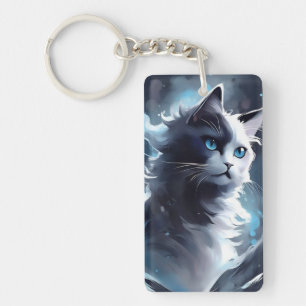 Mystieke zwart-wit kitten Waterverf Cat Sleutelhanger