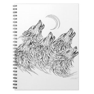 Mystieke zwart witte huilende wolven kunst notitieboek