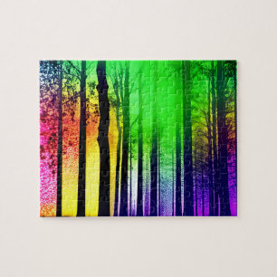 Mystieke Zwarte Boom Silhouetten in Regenboogbos Legpuzzel