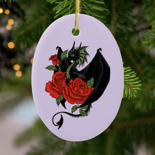 Mystieke Zwarte Draak Rode Rozen Lavendel Gotisch Keramisch Ornament