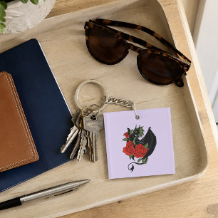 Mystieke Zwarte Draak Rode Rozen Lavendel Gotisch Sleutelhanger