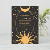 Mystieke Zwarte en Gouden Zon Maan Bruiloft Kaart (Staand voorkant)