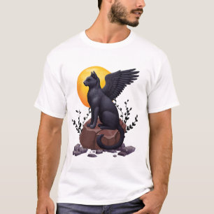 Mystieke zwarte gevleugelde kat onder de maan Fa T-shirt