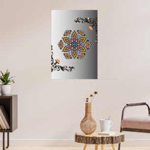 Mystieke Zwarte Gouden Bloemrijke Mandala Poster