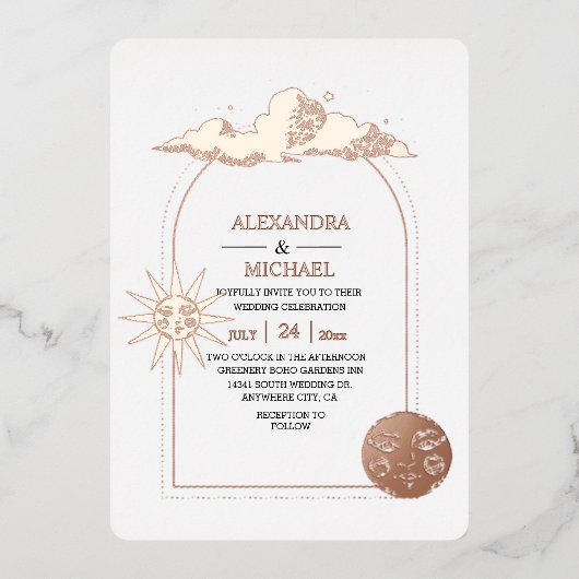 Mystieke Zwarte Gouden Hemelse Sterren Bruiloft Fo Folie Uitnodiging (Voorkant)