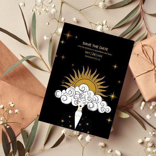 Mystieke Zwarte Gouden Hemelse Zon Trouwdag Save The Date