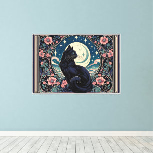 Mystieke Zwarte Kat Art Nouveau Canvas Afdruk