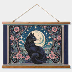 Mystieke zwarte kat Art Nouveau Hangend Wandkleed