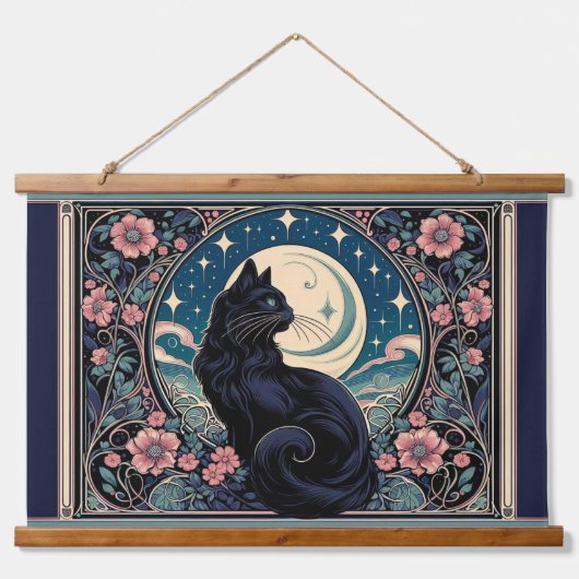 Mystieke zwarte kat Art Nouveau Hangend Wandkleed (Voorkant)
