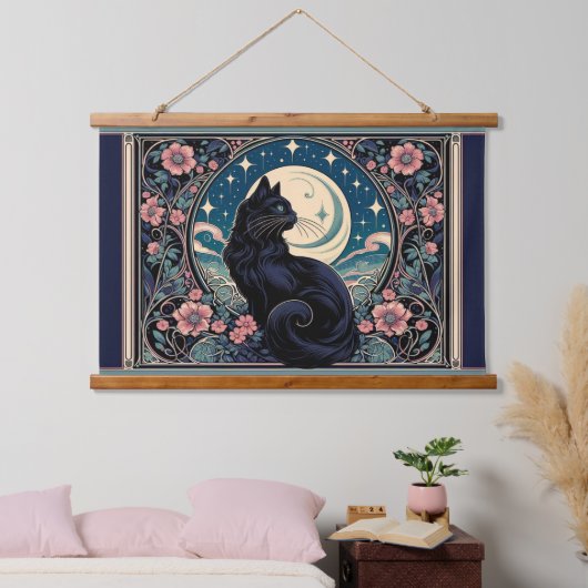 Mystieke zwarte kat Art Nouveau Hangend Wandkleed (Slaapkamer)