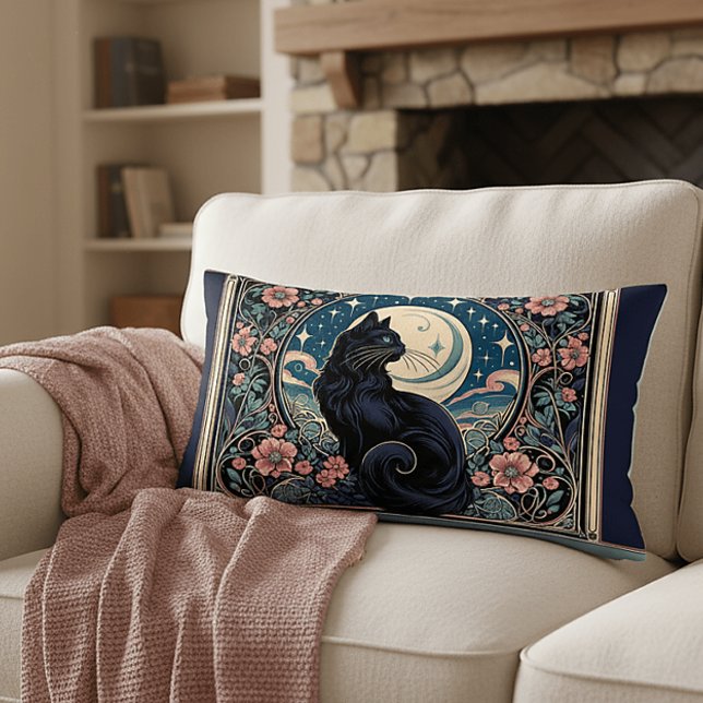 Mystieke zwarte kat Art Nouveau Kussen (Mystical Black Cat Art Nouveau Lumbar Pillow)