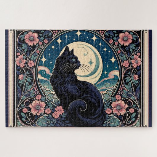 Mystieke zwarte kat Art Nouveau Legpuzzel (Horizontaal)