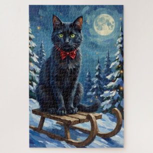 Mystieke Zwarte Kat Betoverde Winter Slede Kerstmi Legpuzzel