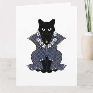 Mystieke Zwarte Kat Blauwe Batik Wenskaart Kaart