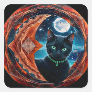 Mystieke Zwarte Kat Celestial Mandala Vierkante Sticker