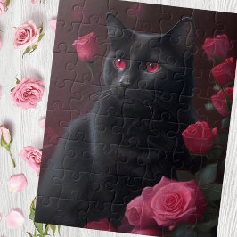Mystieke zwarte kat en bloeiende rozen legpuzzel