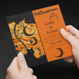Mystieke Zwarte Kat en Hemelse Symbolen Halloween Kaart